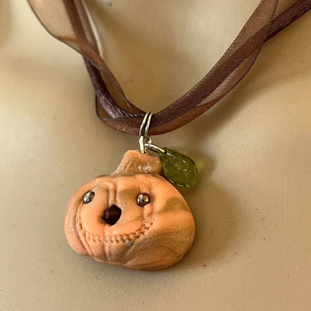 Pumpkin Necklace Polymer Clay Pendant Jack O Lantern Halloween Silver 925 Clasp